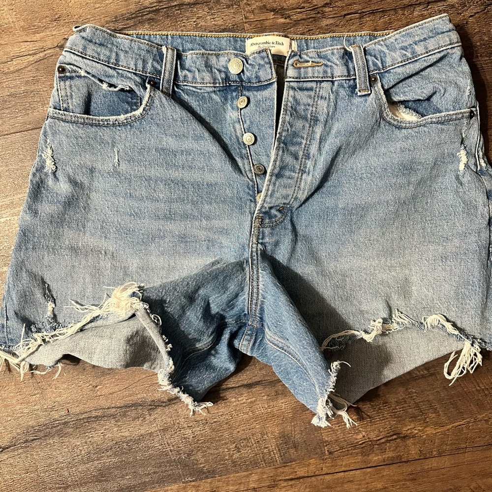 Abercrombie & Fitch Light Blue Distressed High-Waist Denim Shorts
